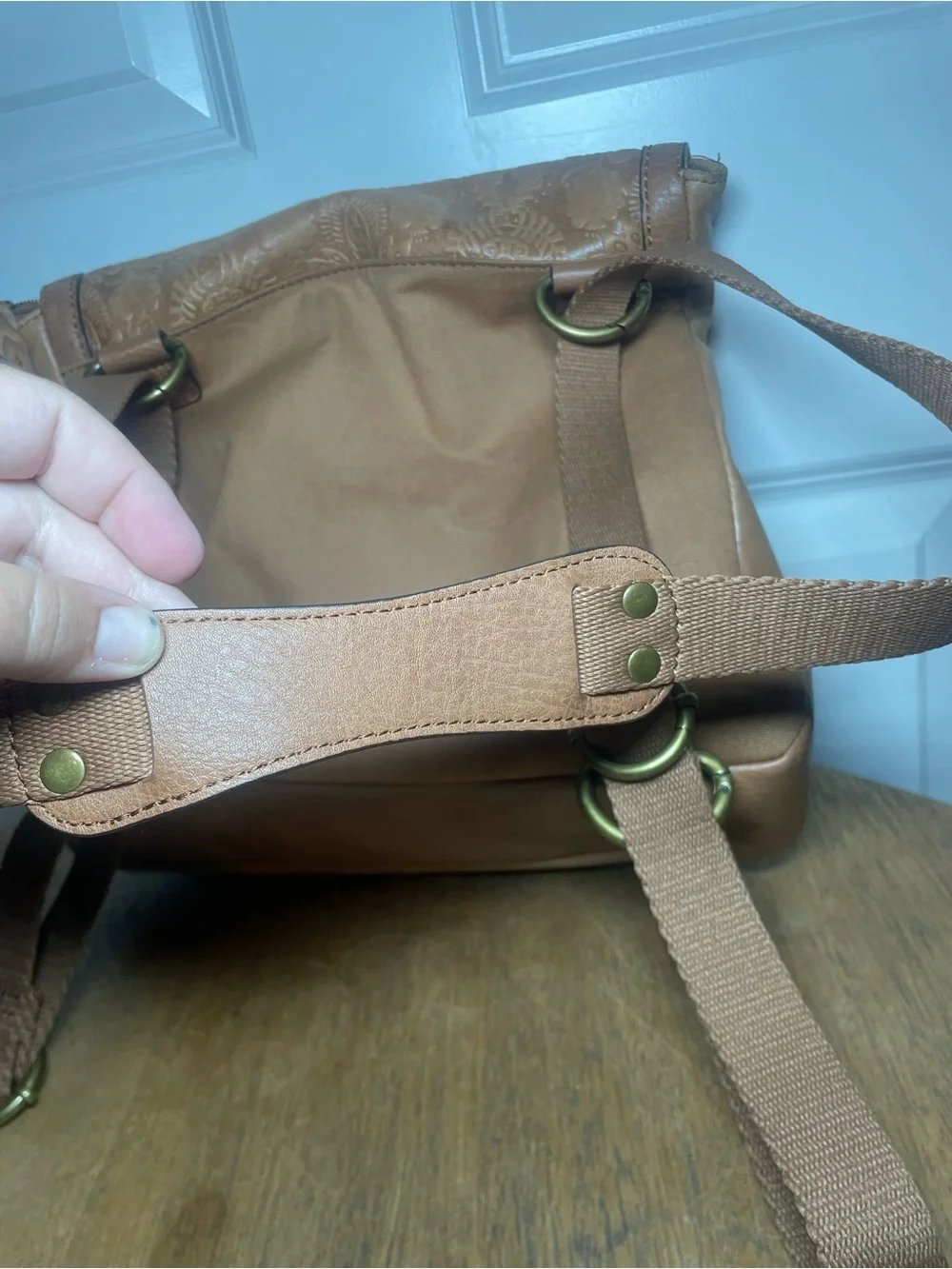 The Sak Leather Backpack Purse Brown Embossed Convertible Crossbody Boho